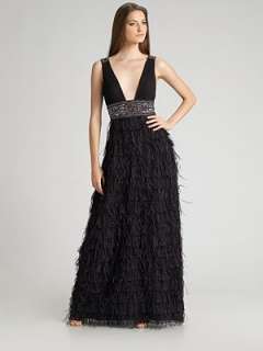 Sue Wong   Pleated Bodice & Feather Skirt Gown    