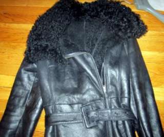 PASHA VENETO Leather Shearling Black Coat w/ Fox Fur L  