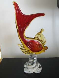 Murano Handmade Art Glass Sculpture Red Amber Fish Figurine  