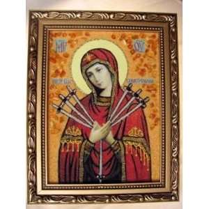 VIRGIN MARY SEVEN ARROWS Orthodox Icon AMBER (8x6inch 20x15cm, Made 