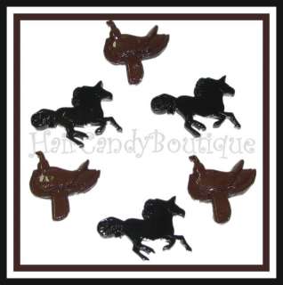 BLACK BROWN HORSE SADDLE FLATBACK BUTTON HAIRBOW CENTER  