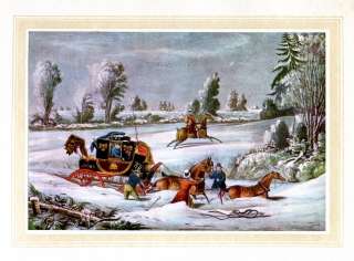 MAIL COACH STUCK IN SNOW, HORSES, ANTIQUE COLOR PRINT  