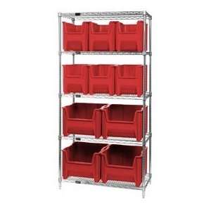   18x36x74 Chrome Wire Shelving With 10 Hopper Bins Red