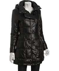  DKNY black asymmetrical snap front Isabella hooded down coat 