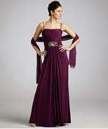 Mignon plum jersey ruched jewel detail strapless gown with chiffon 