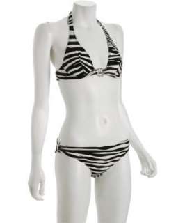 style #302799001 D&G black striped heart charm underwire halter bikini