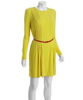 Calvin Klein citron pleated jersey and red belt long sleeve dress
