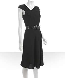 Tahari ASL black woven asymmetrical neck belted dress