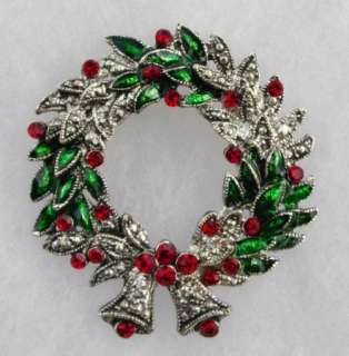   Red Green Rhinestone Enamel Christmas 49mm Wreath Pin Jewelry Brooch