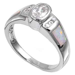 Sterling Silver Lab Opal Ring   Clear CZ   3mm Band Width 