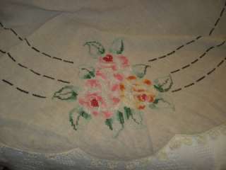 Vintage Round Tablecloth Natural LINEN Embroidered Roses Crocheted 