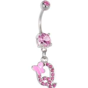 Pink Gem Butterfly INITIAL Dangle Belly Ring   LETTER Q