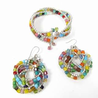 Zad 2pc Set Glass Mosaic Bead Beaded Earrings Bracelet  