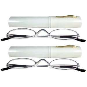  Reading Glasses~CLOSEOUT~Lot Of 2~Metal~Tube Case~SILVER 