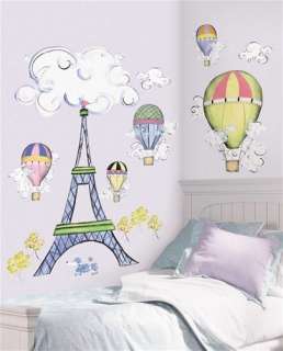   EIFFEL TOWER WALL DECAL MURAL Hot Air Balloons Clouds Nursery Stickers
