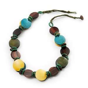Button Shape Wood Olive Cotton Cord Necklace (Teal, Green, Brown 