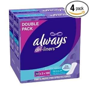 Always Pantiliner, Regular Dri liners, Unscented, 100 Count Packages 