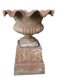 Pair Antique Large Cast Iron Garden Urns Planters with Base  