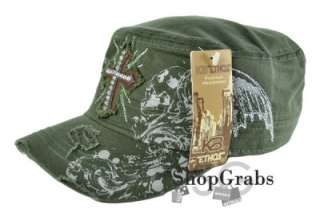 New Olive Green Cadet Military Style Hat Grey Cross Spike Embroid Kb 