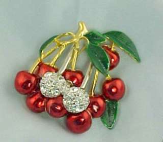 CRYSTAL RHINESTONE BING CHERRIES CHERRY PIN BROOCH  