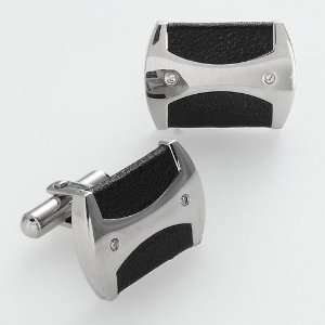 AXL by Triton Stainless Steel and Black Leather Diamond Accent Cuff 