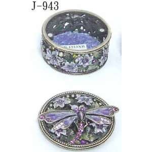  Jewelry Box Pewter Purple Dragon Fly Embedded Round