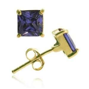    18k Gold over Silver Tanzanite CZ 5mm Square Stud Earrings Jewelry