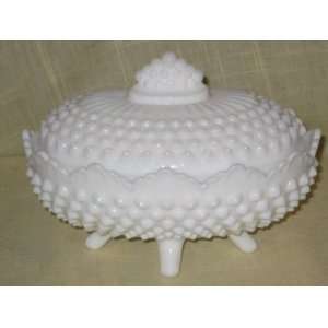  Vintage Fenton Hobnail Milk Glass Oval Footed Covered 