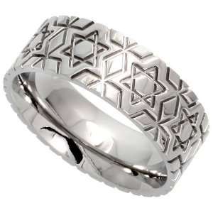 Surgical Steel Flat 8mm Wedding Band Ring Star Of David Pattern Carved 