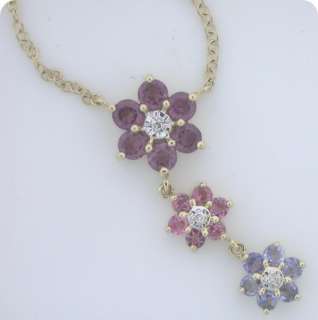 Tri color Stone Flower Necklace with Diamonds 14k Gold  