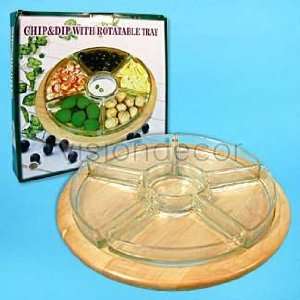 Section glass Chip and Dip w/ Rotatable Wood Tray  